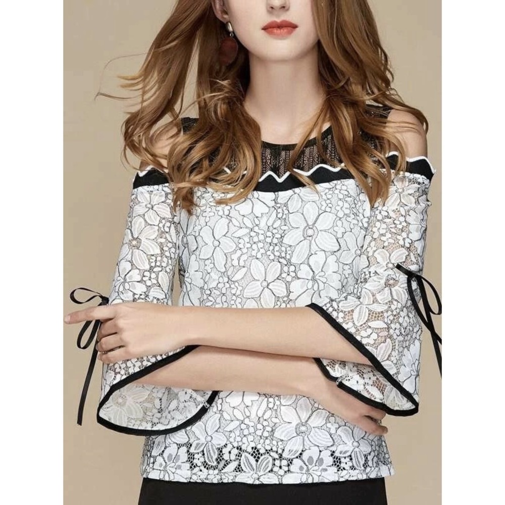 Bell Sleeve Open Shoulder Lace Blouse